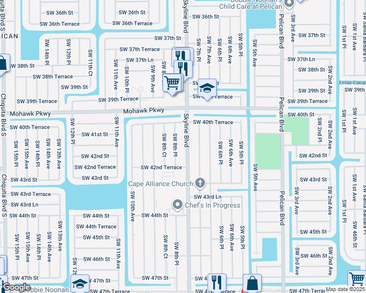 map of restaurants, bars, coffee shops, grocery stores, and more near 4113 Southwest 8th Place in Cape Coral