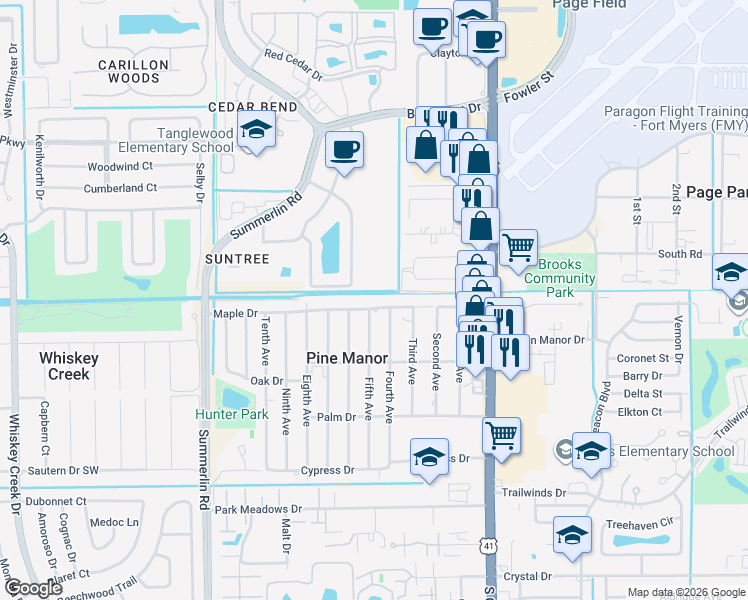 map of restaurants, bars, coffee shops, grocery stores, and more near 1741 Maple Drive in Fort Myers