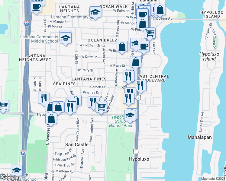 map of restaurants, bars, coffee shops, grocery stores, and more near 1100 South Broadway in Lantana