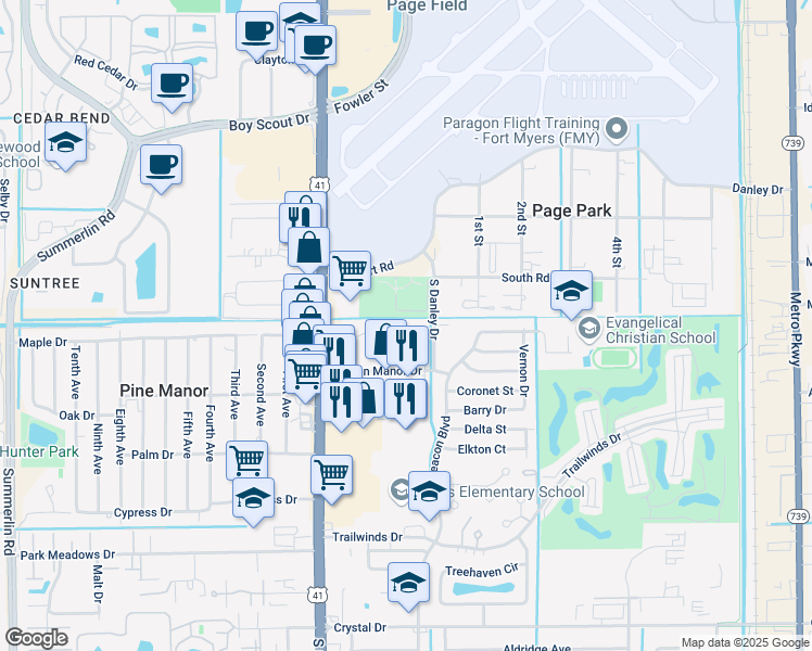 map of restaurants, bars, coffee shops, grocery stores, and more near 2089 Flowers Drive in Fort Myers