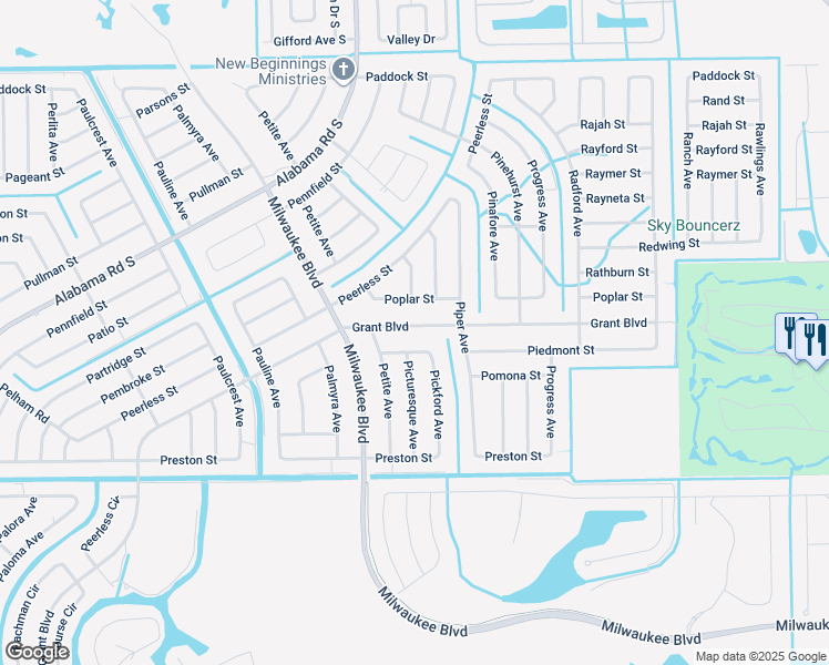 map of restaurants, bars, coffee shops, grocery stores, and more near 343 Grant Boulevard in Lehigh Acres