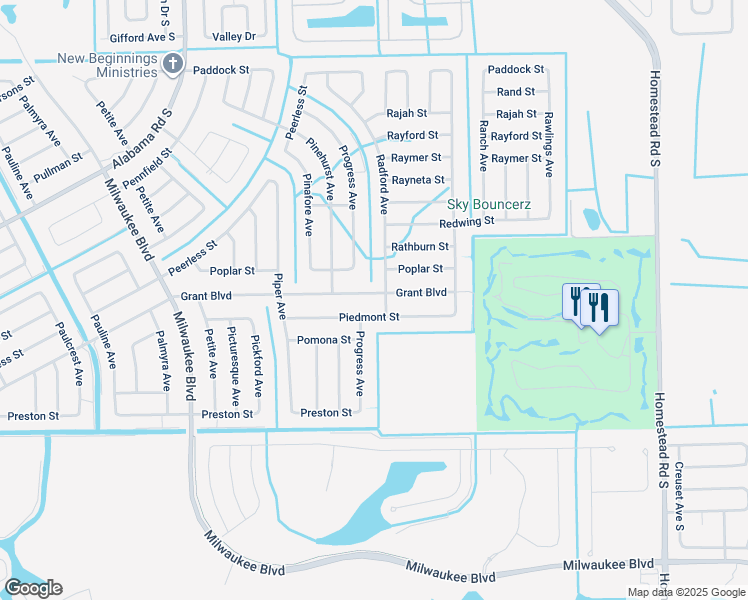 map of restaurants, bars, coffee shops, grocery stores, and more near 460 Grant Boulevard in Lehigh Acres