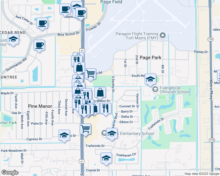 map of restaurants, bars, coffee shops, grocery stores, and more near 2089 Flowers Drive in Fort Myers