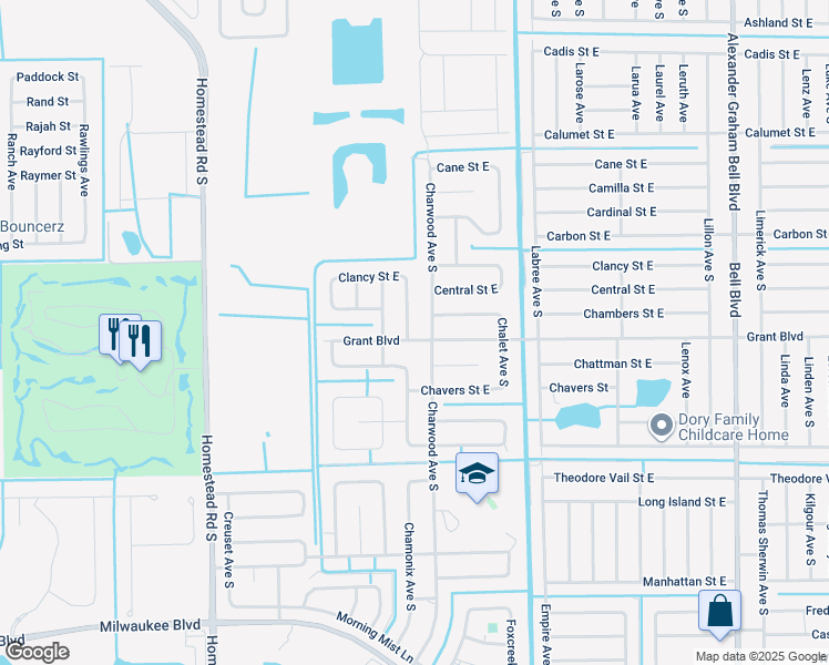 map of restaurants, bars, coffee shops, grocery stores, and more near 397 Chamonix Avenue South in Lehigh Acres