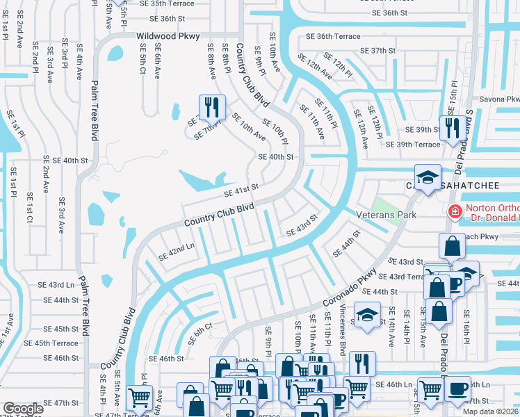 map of restaurants, bars, coffee shops, grocery stores, and more near 4057 Country Club Boulevard in Cape Coral