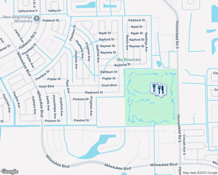 map of restaurants, bars, coffee shops, grocery stores, and more near 520 Grant Boulevard in Lehigh Acres