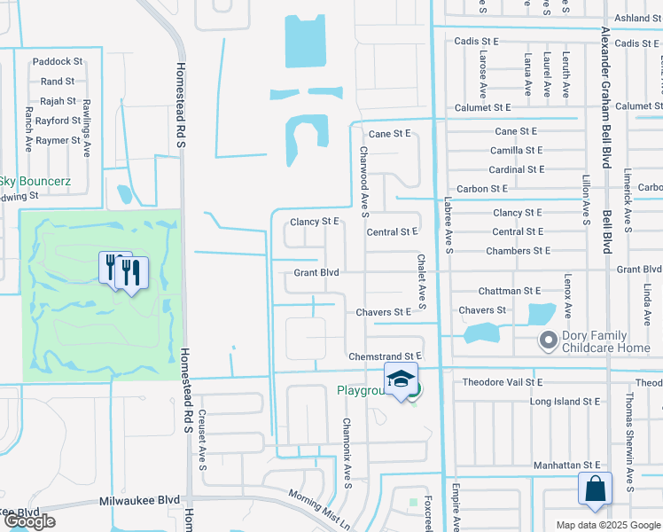 map of restaurants, bars, coffee shops, grocery stores, and more near 392 Chamonix Avenue South in Lehigh Acres