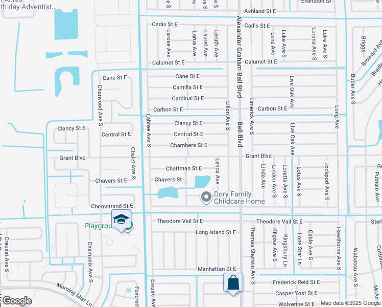 map of restaurants, bars, coffee shops, grocery stores, and more near 739 Grant Boulevard in Lehigh Acres
