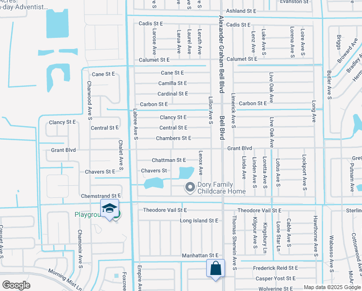 map of restaurants, bars, coffee shops, grocery stores, and more near 739 Grant Boulevard in Lehigh Acres