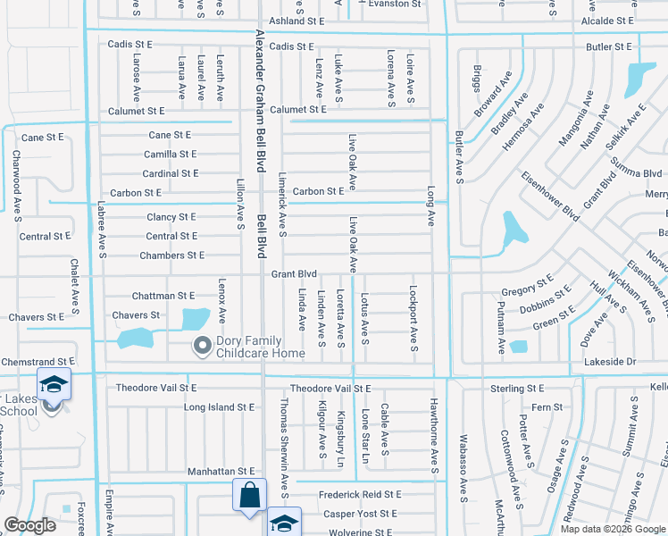 map of restaurants, bars, coffee shops, grocery stores, and more near 839 Grant Boulevard in Lehigh Acres
