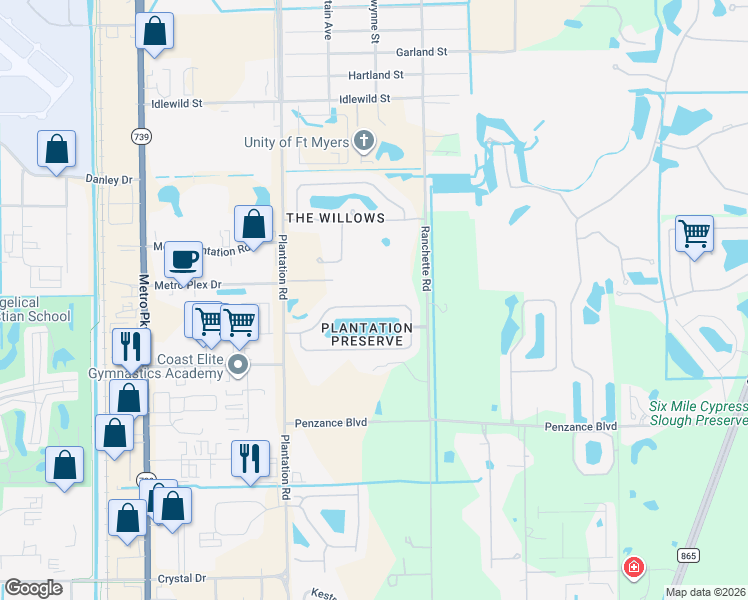 map of restaurants, bars, coffee shops, grocery stores, and more near 6595 Plantation Preserve Circle North in Fort Myers