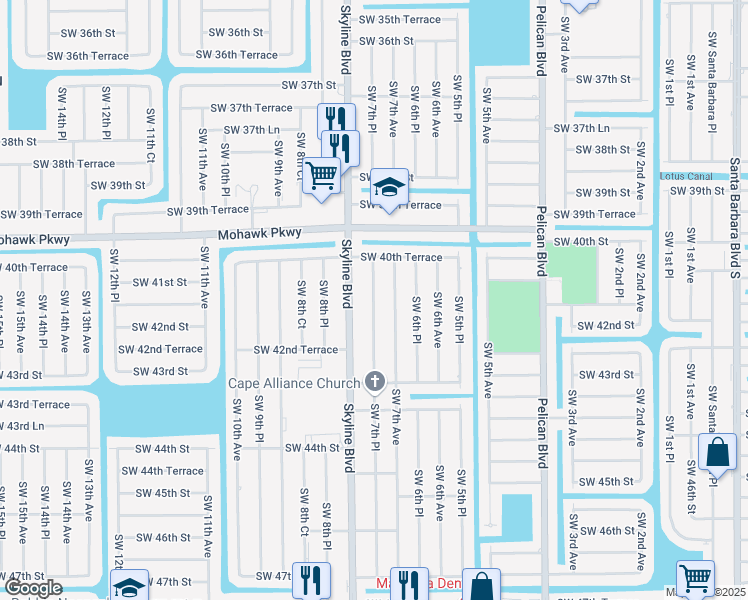 map of restaurants, bars, coffee shops, grocery stores, and more near 4115 Southwest 7th Place in Cape Coral
