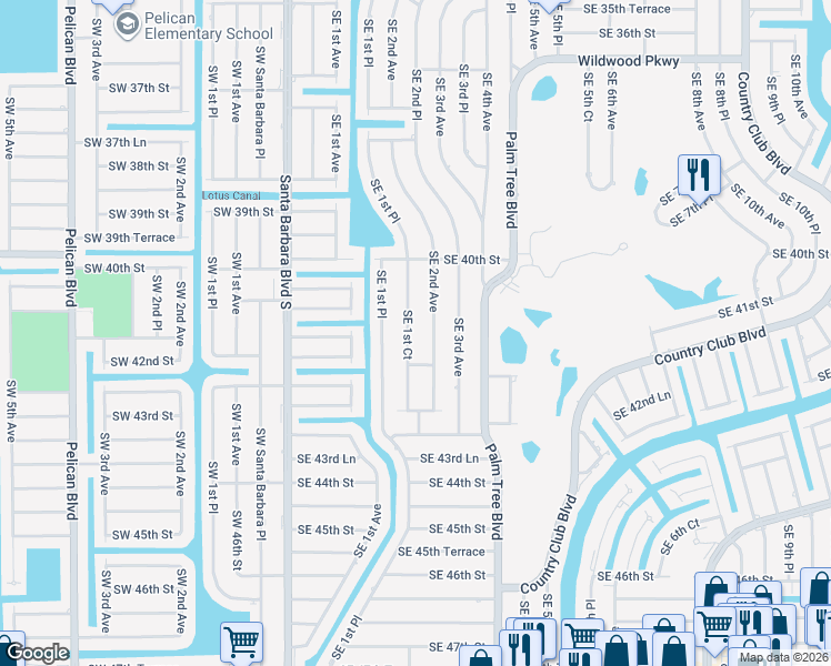 map of restaurants, bars, coffee shops, grocery stores, and more near 4113 Southeast 1st Court in Cape Coral