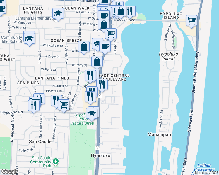 map of restaurants, bars, coffee shops, grocery stores, and more near 130 East Hart Street in Lantana
