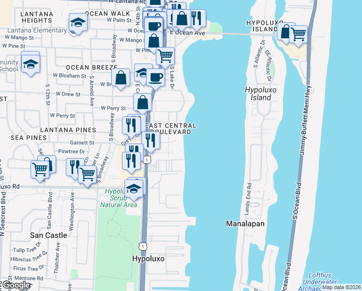 map of restaurants, bars, coffee shops, grocery stores, and more near 1100 South Lake Drive in Lantana