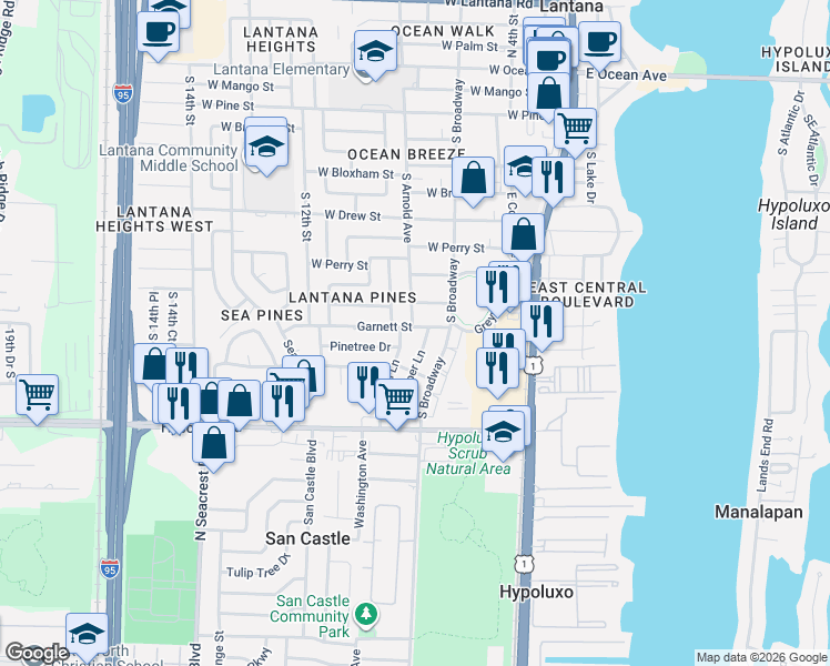map of restaurants, bars, coffee shops, grocery stores, and more near 882 Garnett Street in Lantana