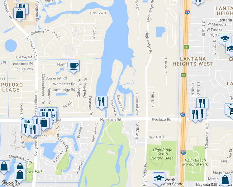 map of restaurants, bars, coffee shops, grocery stores, and more near 6797 Bayshore Drive in Lake Worth