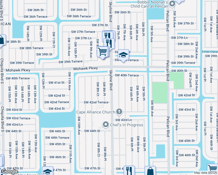 map of restaurants, bars, coffee shops, grocery stores, and more near 4113 Southwest 8th Place in Cape Coral