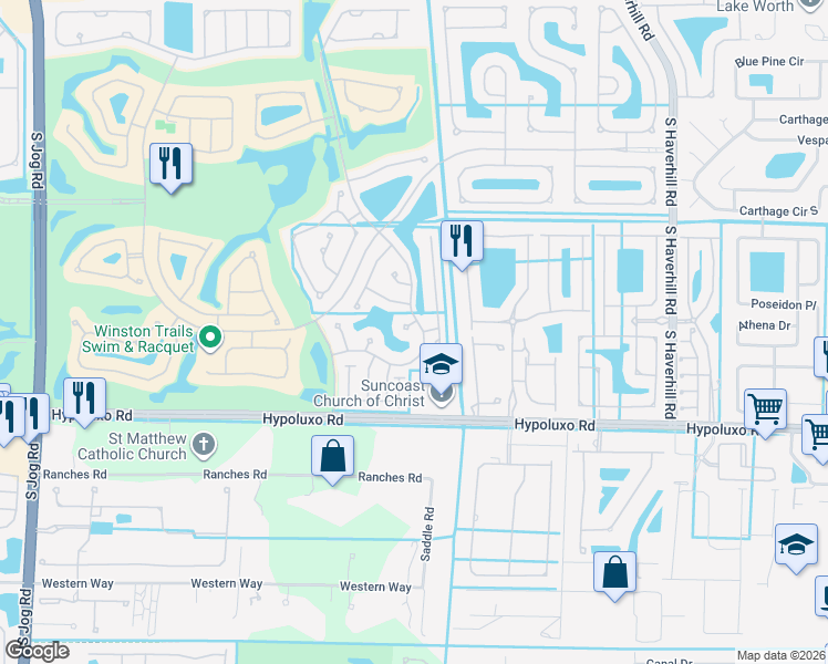 map of restaurants, bars, coffee shops, grocery stores, and more near 5612 Kingsmill Court in Lake Worth