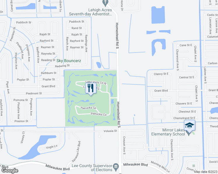 map of restaurants, bars, coffee shops, grocery stores, and more near 20065 Lake Vista Circle North in Lehigh Acres