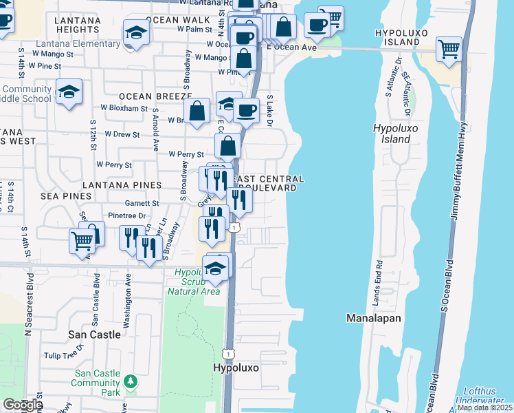 map of restaurants, bars, coffee shops, grocery stores, and more near 130 East Hart Street in Lantana