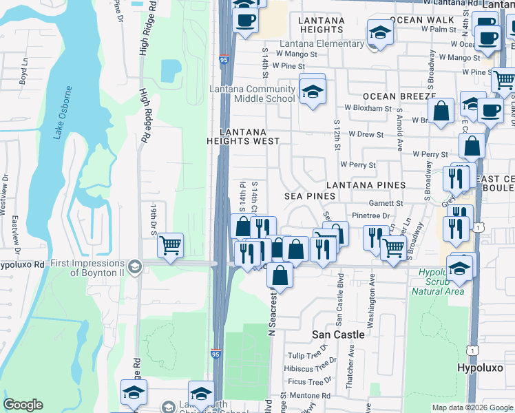 map of restaurants, bars, coffee shops, grocery stores, and more near 1116 South 14th Court in Lantana
