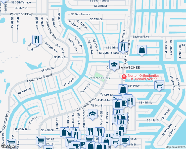 map of restaurants, bars, coffee shops, grocery stores, and more near 4110 Southeast 12th Place in Cape Coral
