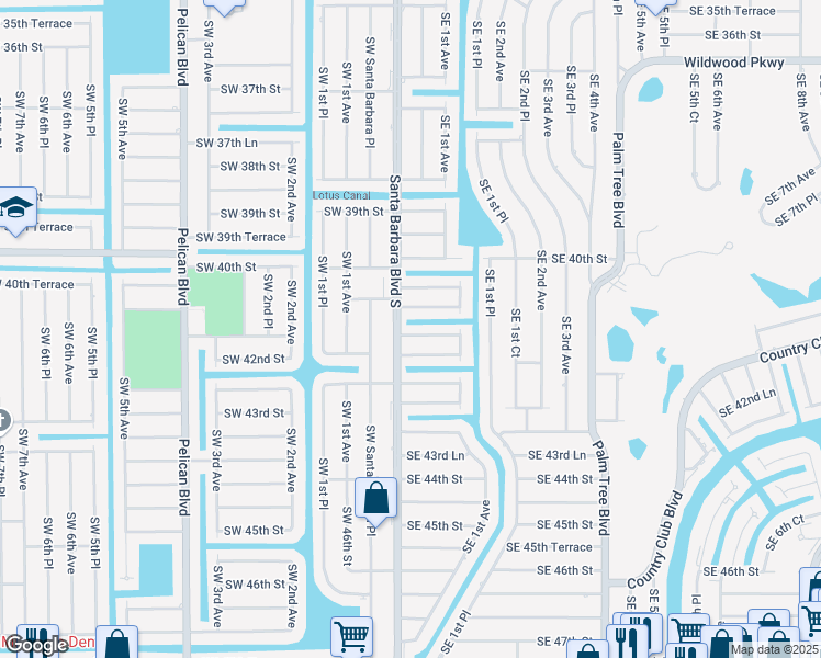 map of restaurants, bars, coffee shops, grocery stores, and more near 105 Southeast 41st Terrace in Cape Coral