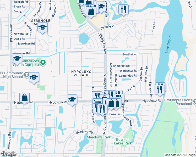map of restaurants, bars, coffee shops, grocery stores, and more near 3080 Indian Trail in Lake Worth