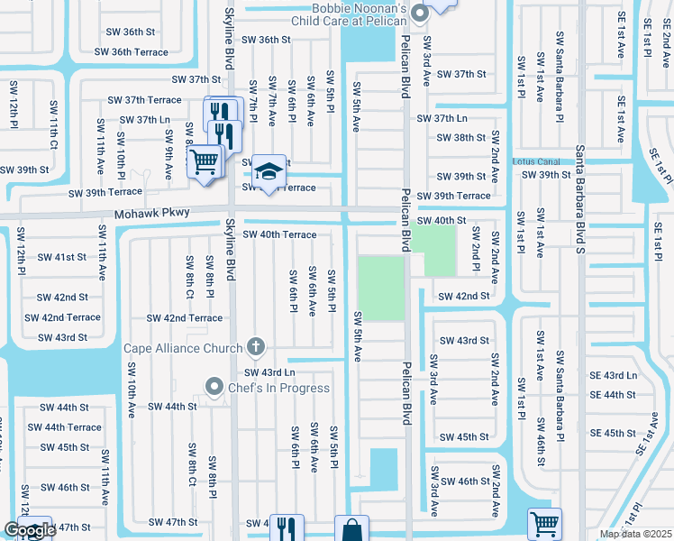 map of restaurants, bars, coffee shops, grocery stores, and more near 4113 Southwest 5th Place in Cape Coral