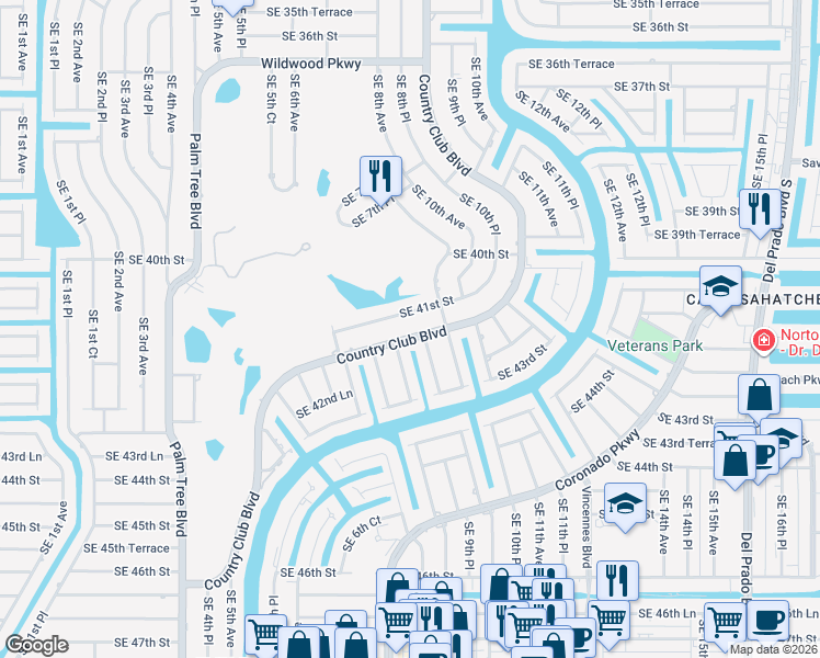 map of restaurants, bars, coffee shops, grocery stores, and more near 4120 Country Club Boulevard in Cape Coral