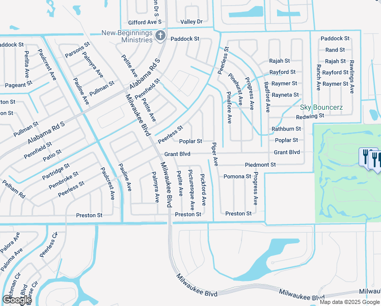 map of restaurants, bars, coffee shops, grocery stores, and more near 343 Grant Boulevard in Lehigh Acres