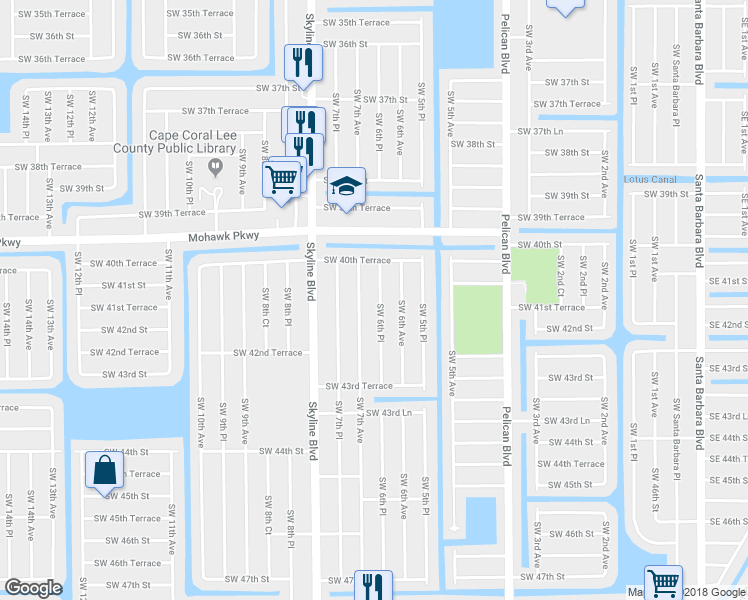 map of restaurants, bars, coffee shops, grocery stores, and more near 4111 Southwest 7th Avenue in Cape Coral