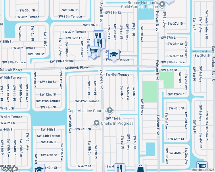 map of restaurants, bars, coffee shops, grocery stores, and more near 4112 Southwest 7th Place in Cape Coral