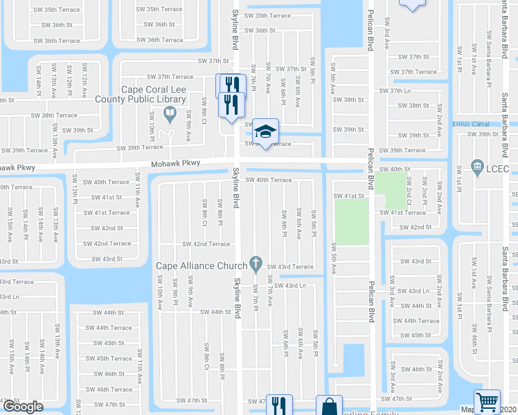 map of restaurants, bars, coffee shops, grocery stores, and more near 4113 Southwest 7th Place in Cape Coral