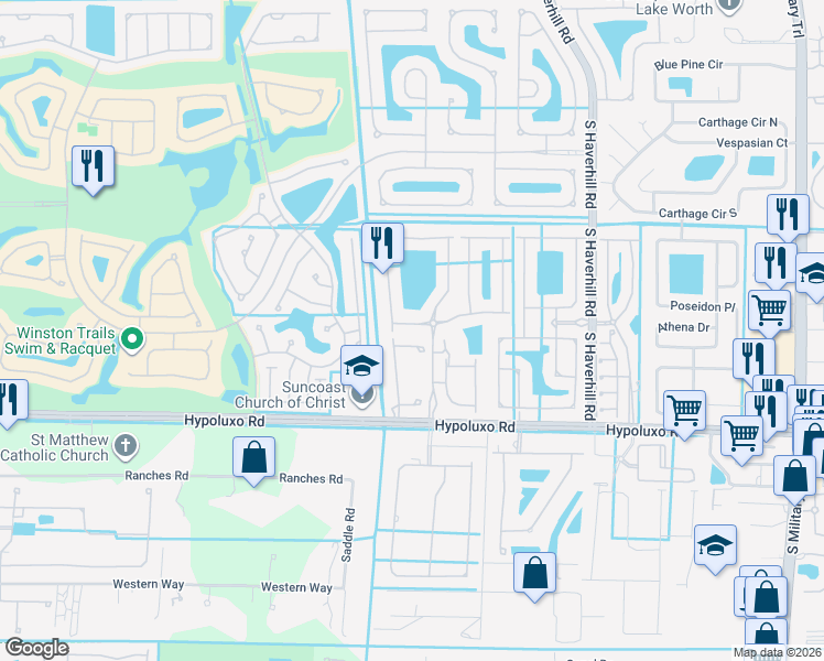 map of restaurants, bars, coffee shops, grocery stores, and more near 5414 Rivermill Ln in Lake Worth