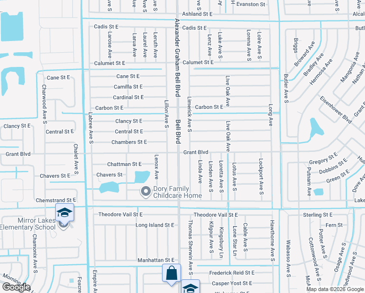 map of restaurants, bars, coffee shops, grocery stores, and more near 459 Bell Boulevard in Lehigh Acres