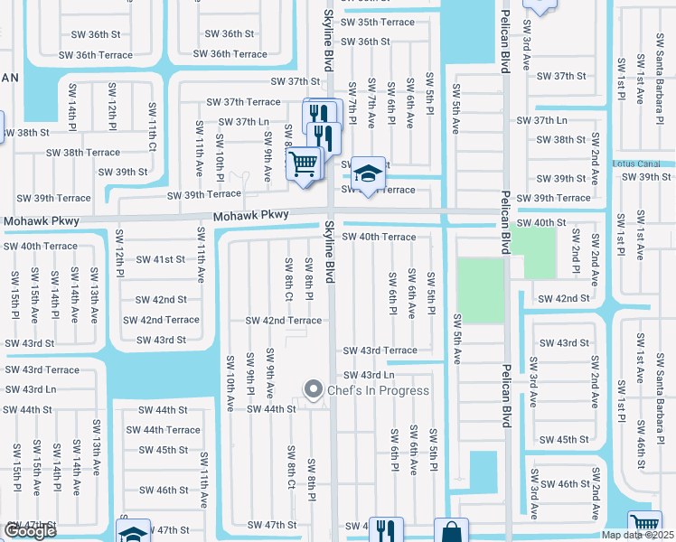 map of restaurants, bars, coffee shops, grocery stores, and more near 4112 Southwest 7th Place in Cape Coral