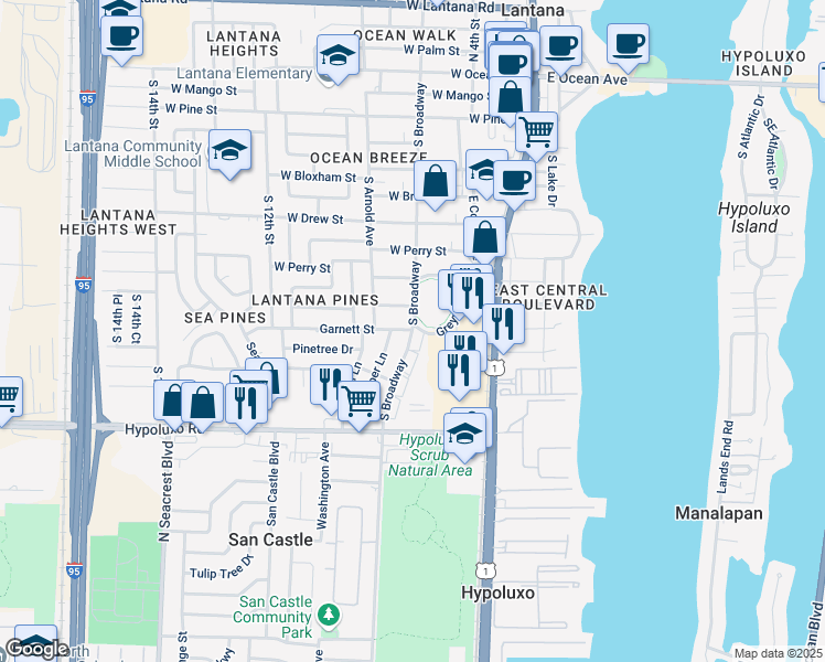 map of restaurants, bars, coffee shops, grocery stores, and more near 1100 South Broadway in Lantana
