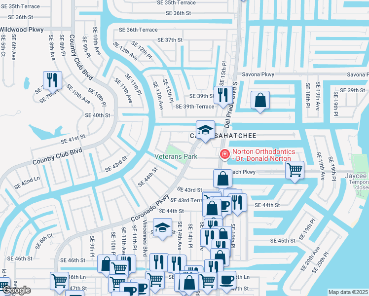 map of restaurants, bars, coffee shops, grocery stores, and more near 4118 Coronado Parkway in Cape Coral