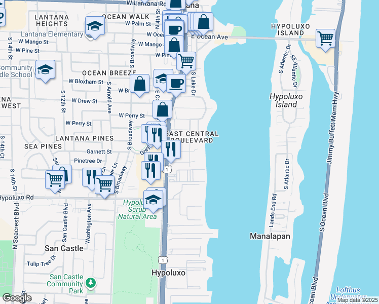 map of restaurants, bars, coffee shops, grocery stores, and more near 130 East Hart Street in Lantana