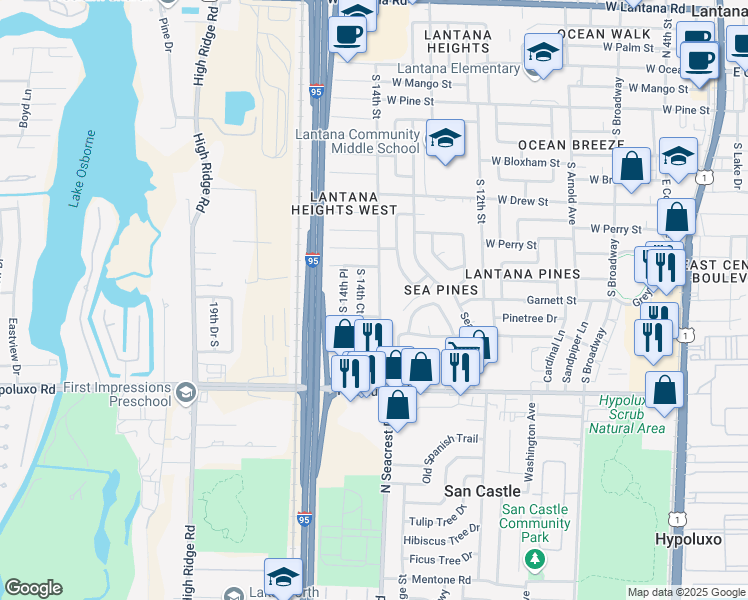 map of restaurants, bars, coffee shops, grocery stores, and more near 1111 South 14th Street in Lantana
