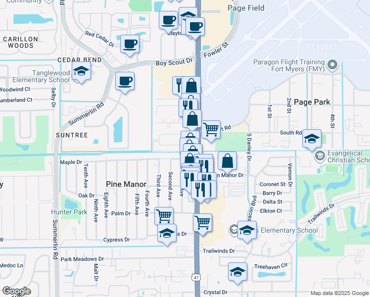 map of restaurants, bars, coffee shops, grocery stores, and more near 1966 South Pine Drive in Fort Myers