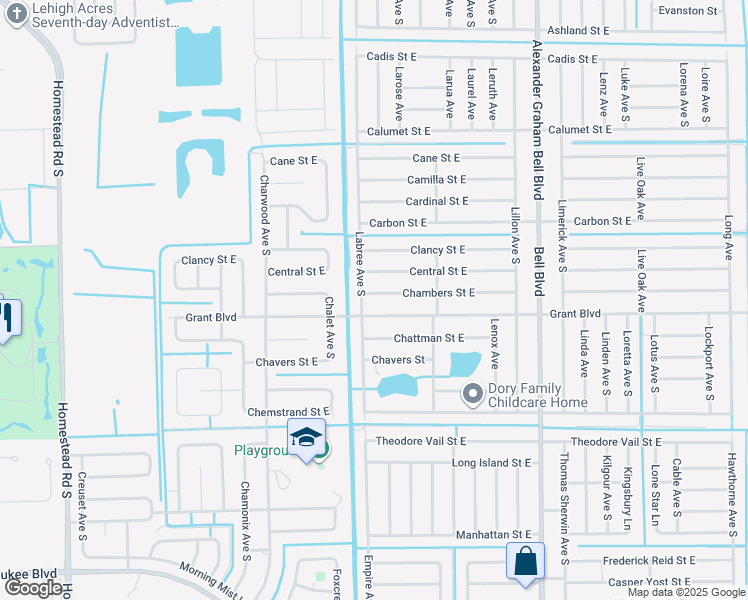 map of restaurants, bars, coffee shops, grocery stores, and more near 716 Chambers St E in Lehigh Acres