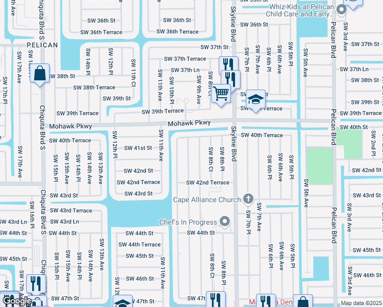 map of restaurants, bars, coffee shops, grocery stores, and more near 4109 Southwest 9th Place in Cape Coral