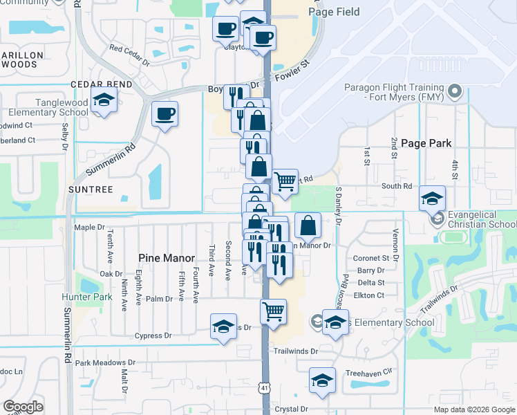 map of restaurants, bars, coffee shops, grocery stores, and more near 1966 South Pine Drive in Fort Myers