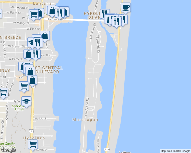 map of restaurants, bars, coffee shops, grocery stores, and more near 848 Southeast Atlantic Drive in Lantana
