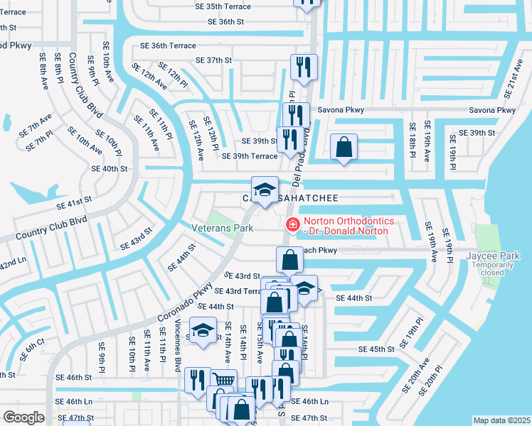 map of restaurants, bars, coffee shops, grocery stores, and more near 4117 Coronado Parkway in Cape Coral