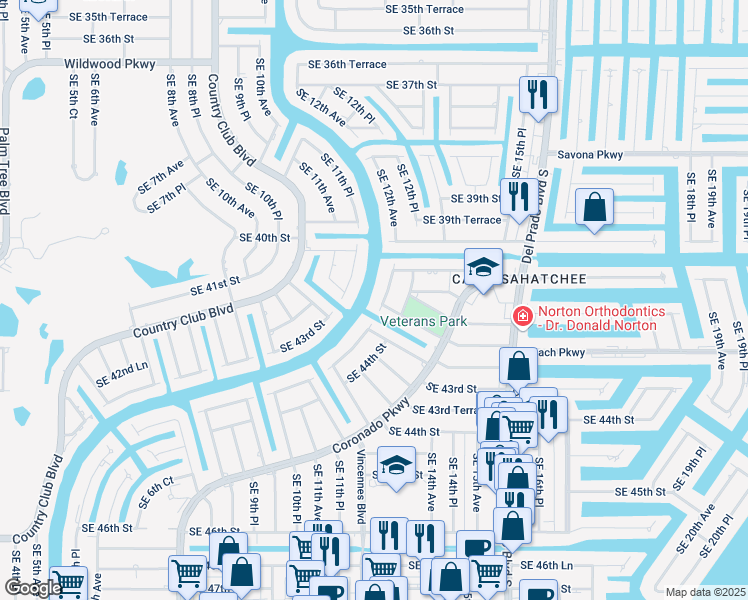 map of restaurants, bars, coffee shops, grocery stores, and more near 4034 Southeast 12th Avenue in Cape Coral