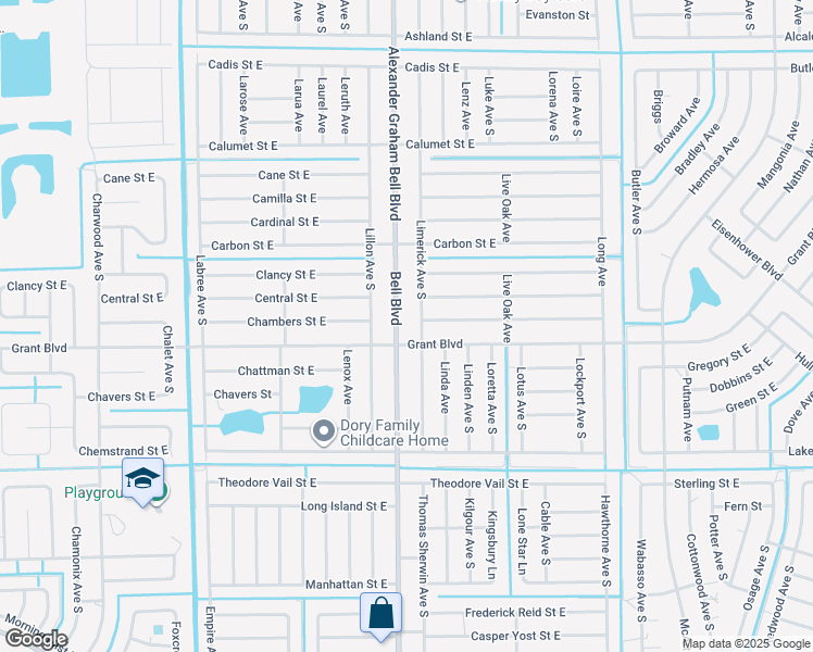 map of restaurants, bars, coffee shops, grocery stores, and more near 459 Bell Boulevard in Lehigh Acres